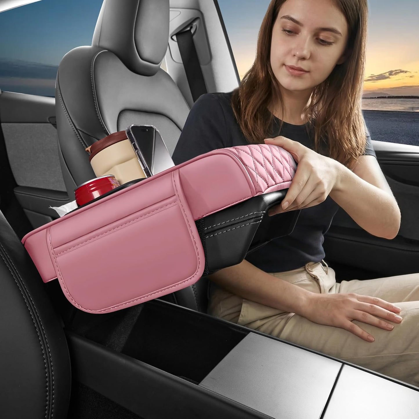 5 in 1 Car Center Console Cover, Armrest Pad with 2 Storage Pockets, Cup Holder, Tissue Slot, Phone Holder, Nappa Leather Memory Foam Car Accessories for SUV Sedan Truck (Black)