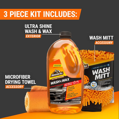 Armor All Car Wash Kit - Complete 3-Piece Car Cleaning Set with Car Wash Soap, Wax, Microfiber Mitt & Drying Towel, Gift for Dad