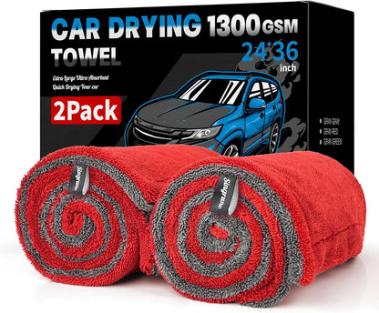 2 Pack XL Car Drying Towel – 1300GSM Ultra Absorbent Microfiber, 24"x36" Large Size, Twisted Loop, Lint-Free & Streak-Free for Auto Detailing, Car, SUV, Truck (Gray-Gray)