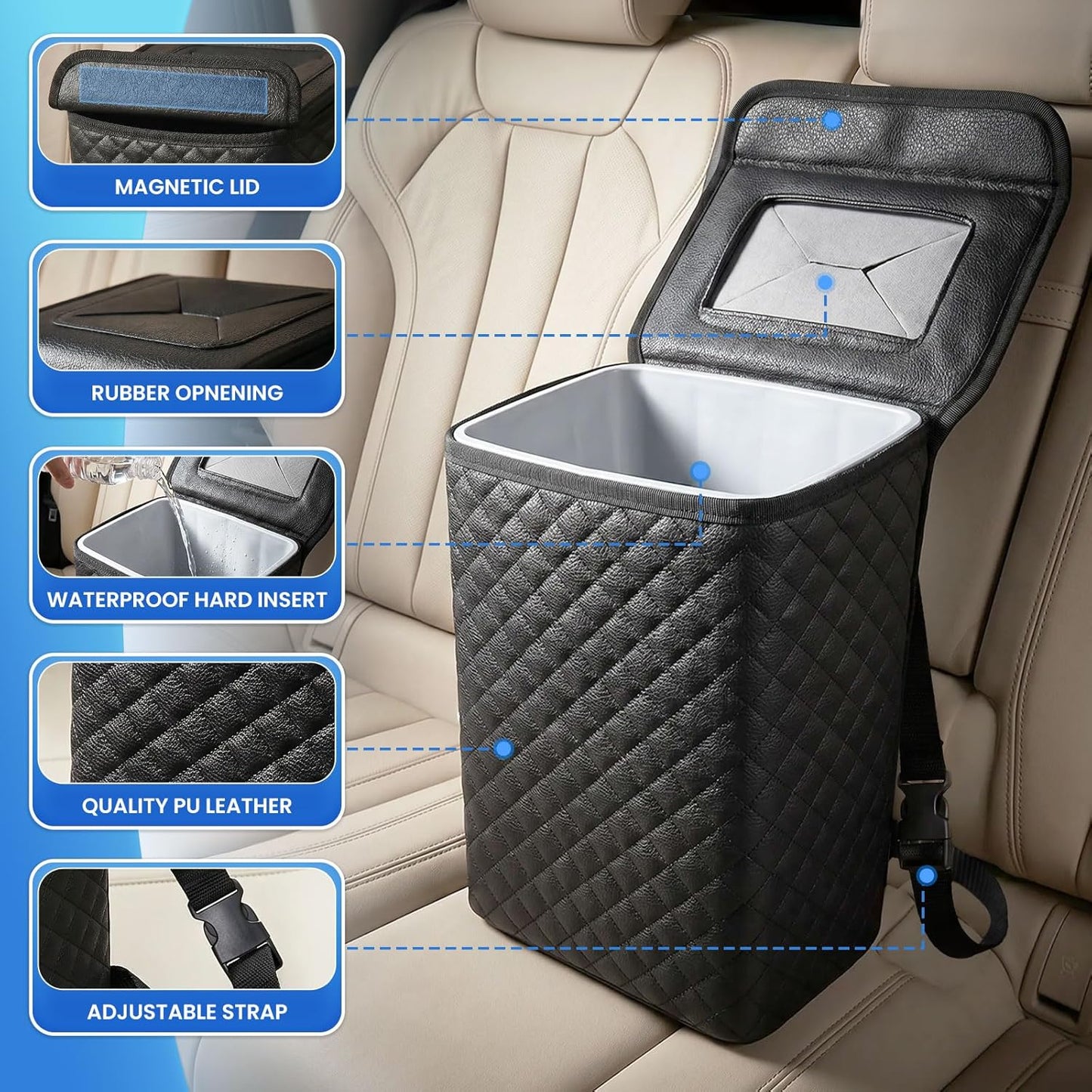 Tsumbay Car Trash Can with Lid, Leather Garbage Can, Leakproof and Removable Interior Liner, Multipurpose Hanging Garbage Bin with Quick Access Magnetic Opening, Trash Bin for Car (2 Gallon/7.5L)
