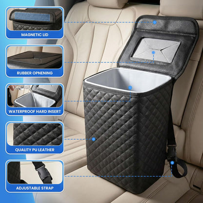 Tsumbay Car Trash Can with Lid, Leather Garbage Can, Leakproof and Removable Interior Liner, Multipurpose Hanging Garbage Bin with Quick Access Magnetic Opening, Trash Bin for Car (2 Gallon/7.5L)