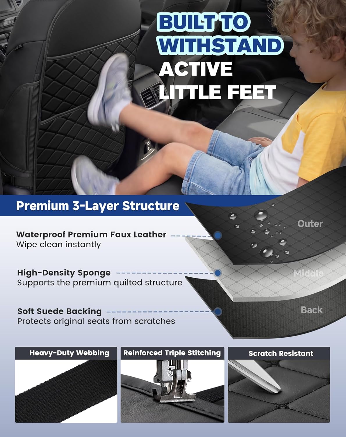 Seat Back Protectors for Kids, Car Kick Mats for Back of Front Seats with Large Pocket Organizer, Waterproof, Protects Against Dirt, Scuffs & Scratches, Fits Most Vehicles, 2PCS (Black)