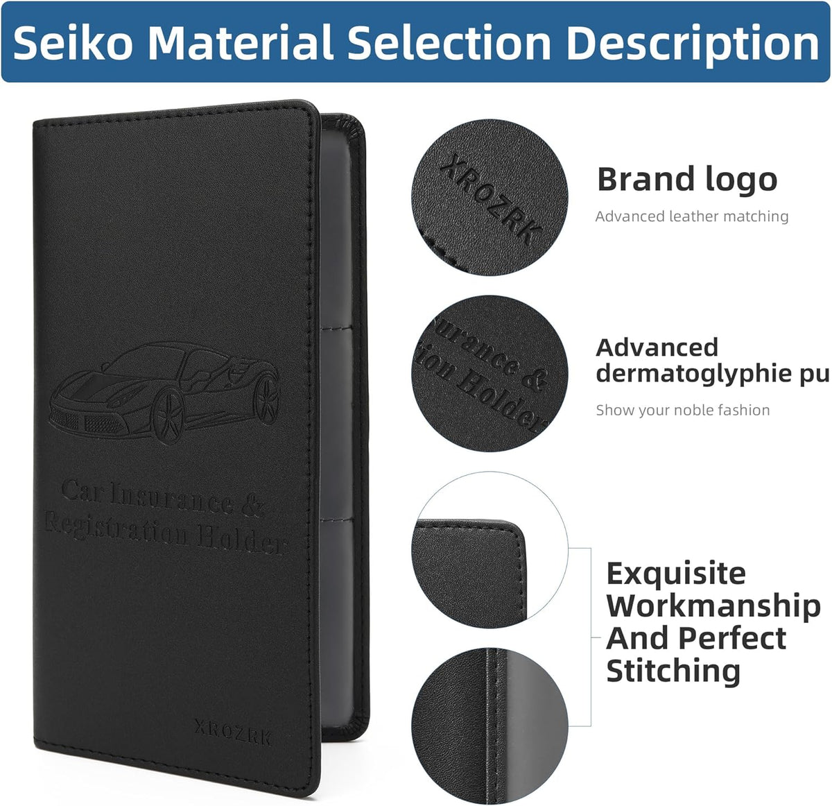 Premium Car Registration & Insurance Card Holder with Magnetic Closure & Clear Pockets, Glove Box Organizer for Documents, Driver's License (Reticulated black)