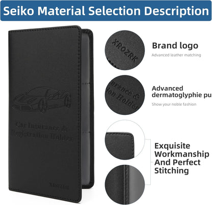 Premium Car Registration & Insurance Card Holder with Magnetic Closure & Clear Pockets, Glove Box Organizer for Documents, Driver's License (Reticulated black)