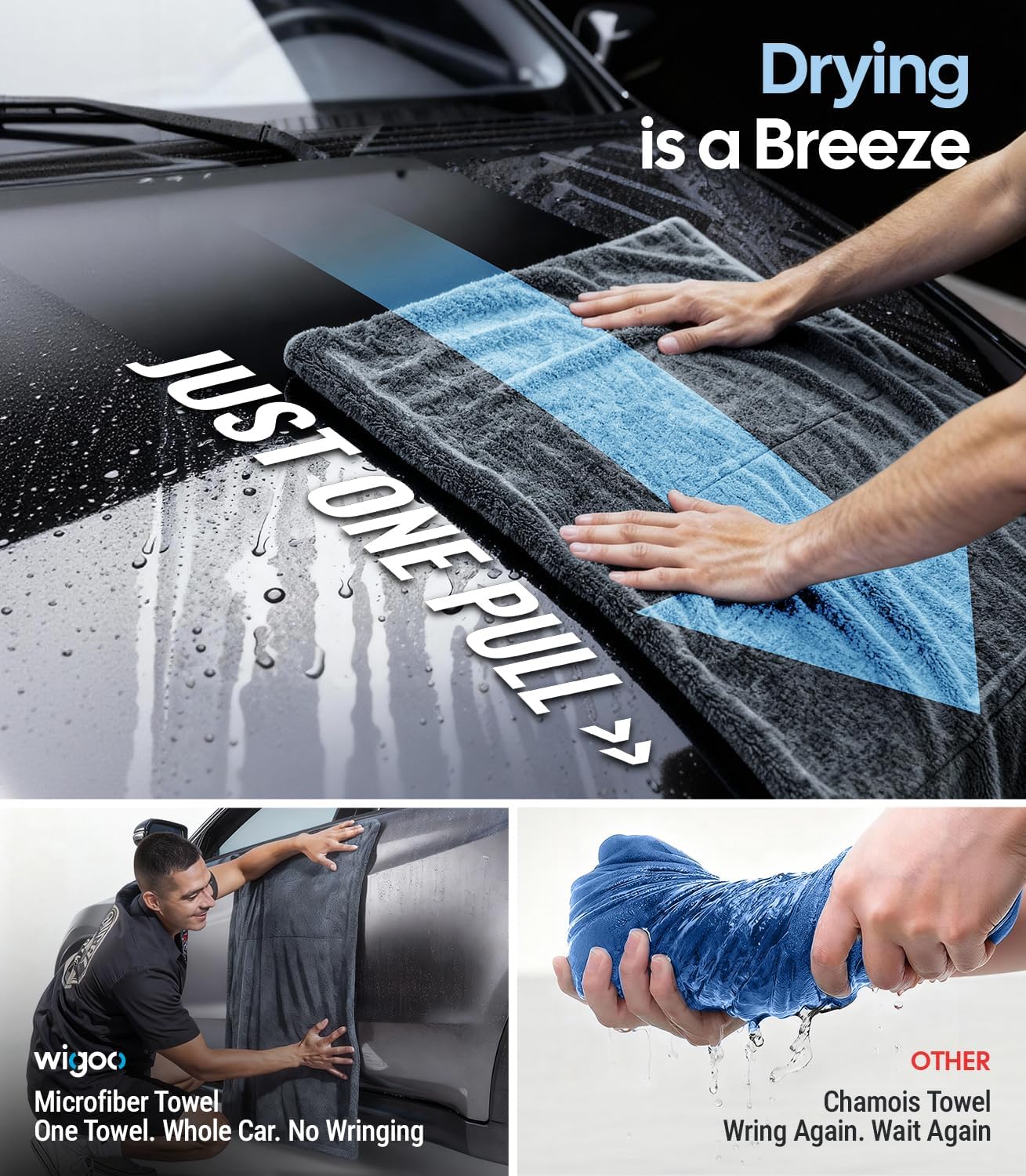 Wigoo Premium Microfiber Car Drying Towel 1300 GSM, 36" x 24" [Ultra-Absorbent, Streak-Free] Dual-Sided Edgeless Cleaning Towels with Twisted Loop, for Auto Detailing, Cars, SUV, Truck (2 Sizes)