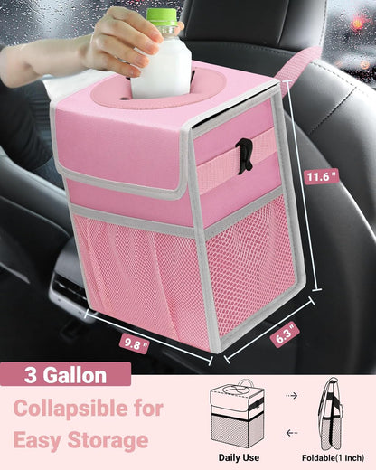 Capolo Car Trash Can with Lid, Leakproof Car Trash Bag Hanging Waterproof Automotive Garbage Can with Storage Pockets Mini Vehicle Trash Bin for Back/Front Seat(Black,2.5 Gallon)
