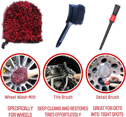 oesee Professional 4 Pack Long Handle Wheel Brush Kit for Cleaning Wheel and Tire- 2X Soft Wheel Cleaning Brush, Detailing Brush and Stiff Tire Brush, Bendable& Durable Wheel Rim Cleaner Brush Set