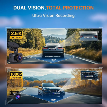 E-YEEGER Dash Cam Front and Rear, 2.5K Dual Dash Camera for Cars, 2560P Mini Car Camera, 2 inch IPS Screen, WDR Night Vision, 24 Hours Parking Monitor, G-Sensor, Support 256 GB Max