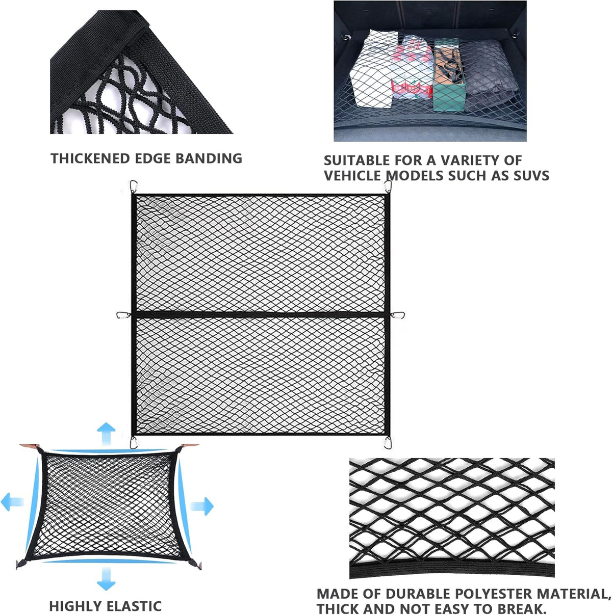 Cargo Net for SUV with Hooks, Adjustable Highly Elastic Storage Organizer Net for Car, Pickup Trucks,Mesh Organizer 2.6'x2' Stretches to 5'x4',Road Trip Essentials Black