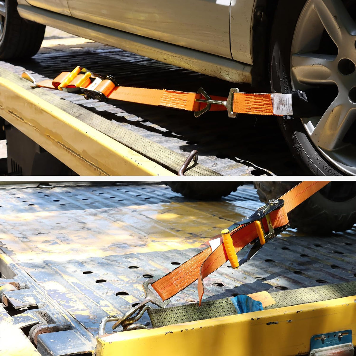 Heavy Duty Adjustable Car Tie Down Kit with Snap Hooks -Break Strength 10,000 lbs-Working Load 3333 lbs-2 Inch x 114 Inch - 4 Pack Axle Tie Down Straps (Yellow)
