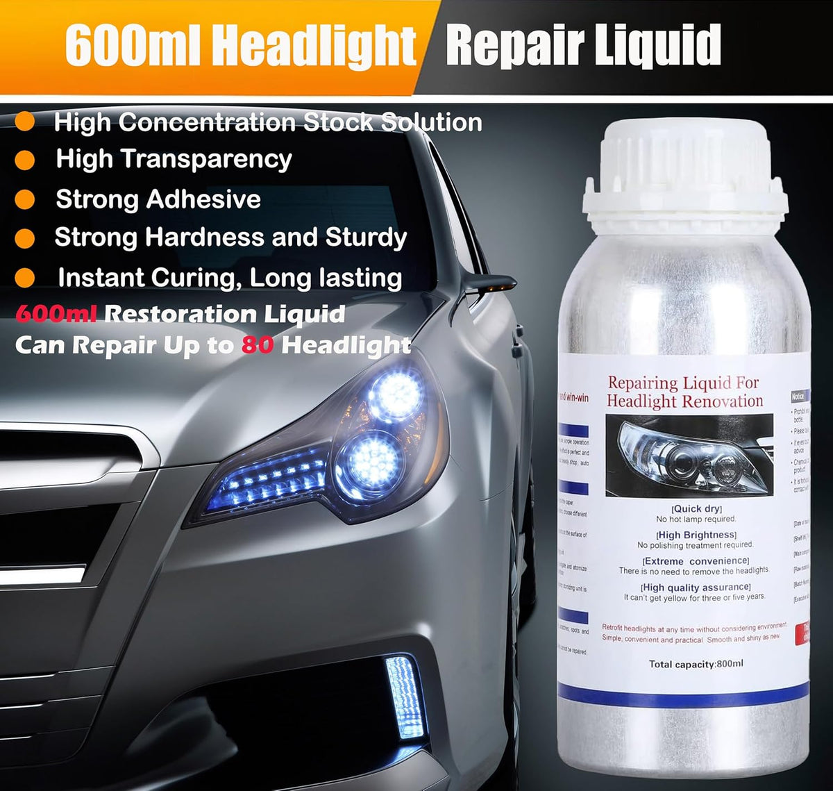 600ML Headlight Restoration Kit Car Headlight Polish Repair Renovation with 600ML Repair Liquid, Auto Head Light Lens Restore Kit for Repair Headlight Yellowing, Haze, Scratches, Oxidation