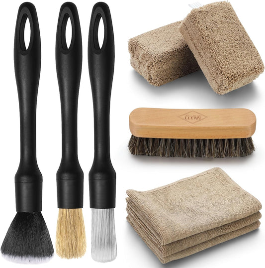 Fantasticlean 9PCS Car Interior Detailing Set, Microfiber Cloth & Applicator, Single-Head Detailing Brushes, Natural Bristles, Scratch-Free & Ultra-Soft for Seats Leather Care or Cleaning