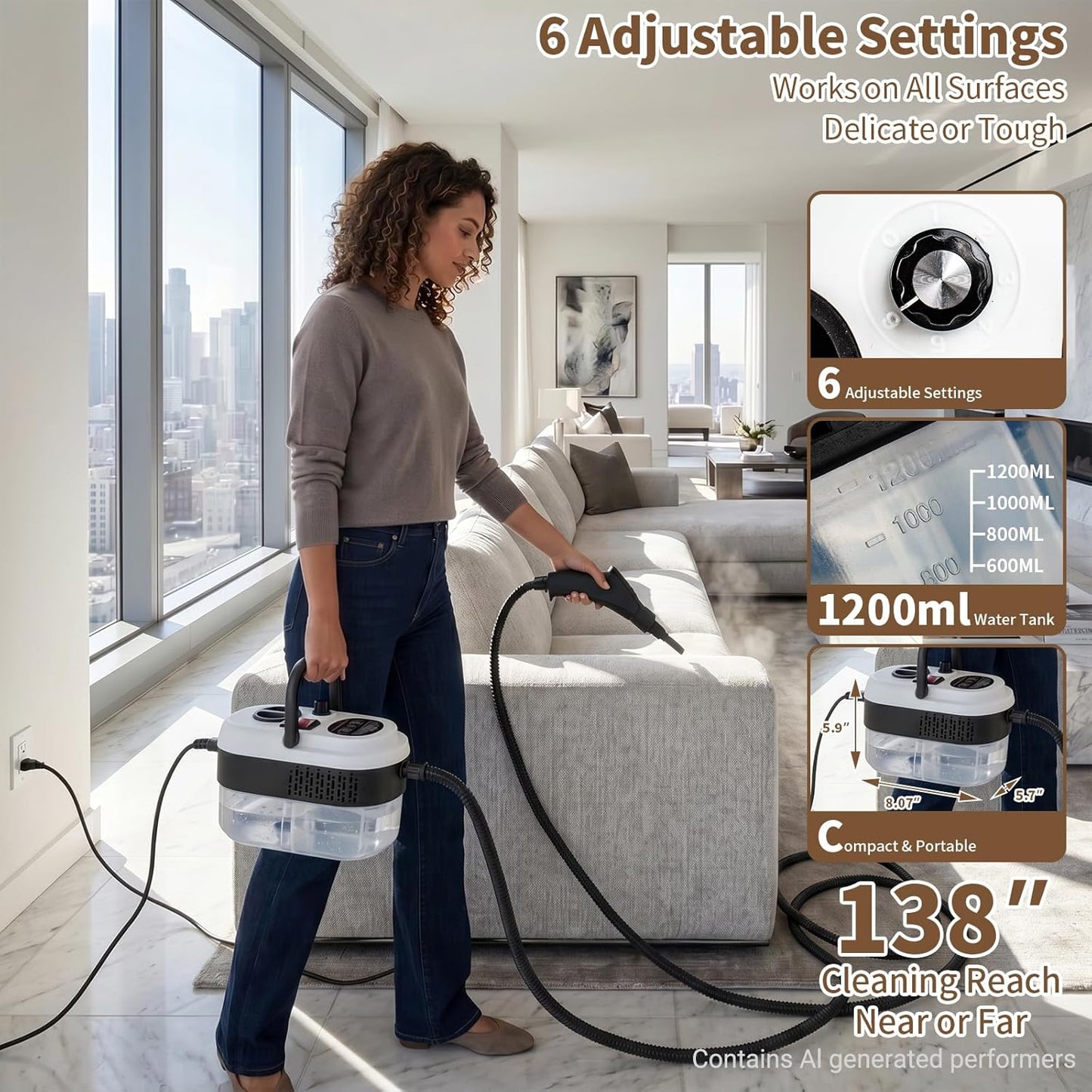 Steam Cleaner Handheld High Pressure, Portable High Power Steam Cleaner, Handheld Steam Cleaner Cleaning Grout With Large Water Tank & 18 Accessories For Car Floor White