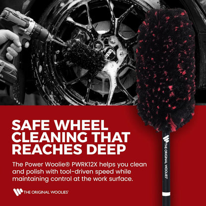 Wheel Woolie Drill Powered Wheel Cleaning Brush – 12“ Rim Brush Drill Attachment, Brake Dust Cleaner, Alloy Wheel & Spoke Cleaning Tool, No-Scratch Car Detailing Brush w/Hex Control Grip | Made in USA