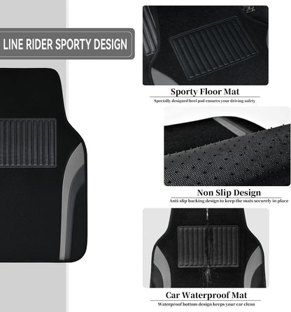 CAR PASS Leather Waterproof Sporty Car Floor Mats Carpet,Universal Automotive Floor Mat Fit for Sedans, Cars, Mid Trucks, Vans, SUV, Set of 4 (Black and Gray)
