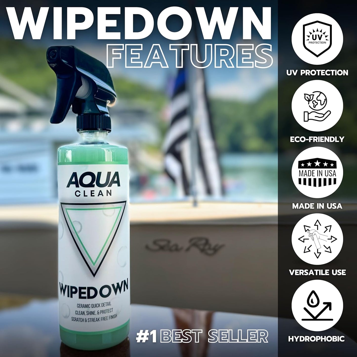 AquaClean WIPEDOWN Ceramic Quick Detailer & Waterless Wash | Car, Truck, Boat, RV, Motorcycle & Off-Road | Hydrophobic Coating | UV Protection | Clean, Shine & Protect | USA Made | 16oz