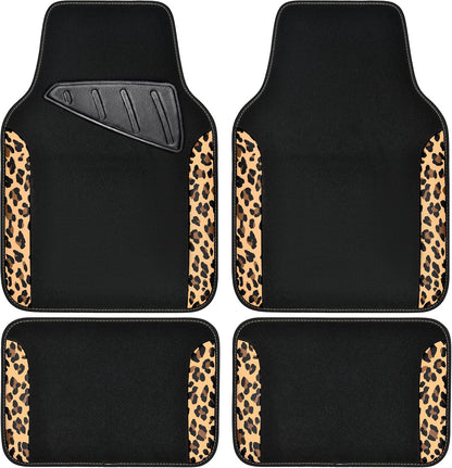 CAR PASS Waterproof Universal Car Floor Mats, Leopard Print Car Mats Fit for SUV,Vans,sedans, Trucks,Set of 4pcs Car Carpet with Driver Heel Pad and Nibs Backing, Leopard Car Accessories Gray Leopard