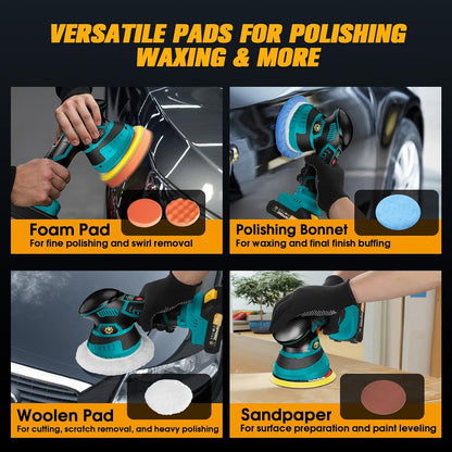 Cordless Car Buffer Polisher kit [2x 2000mAh 21V Batteries & 18 PCS Attachments] 6-Speed Orbital Design, LED Display, Lightweight Detailing Tool for Waxing, Polishing & Scratch Removal-Yellow