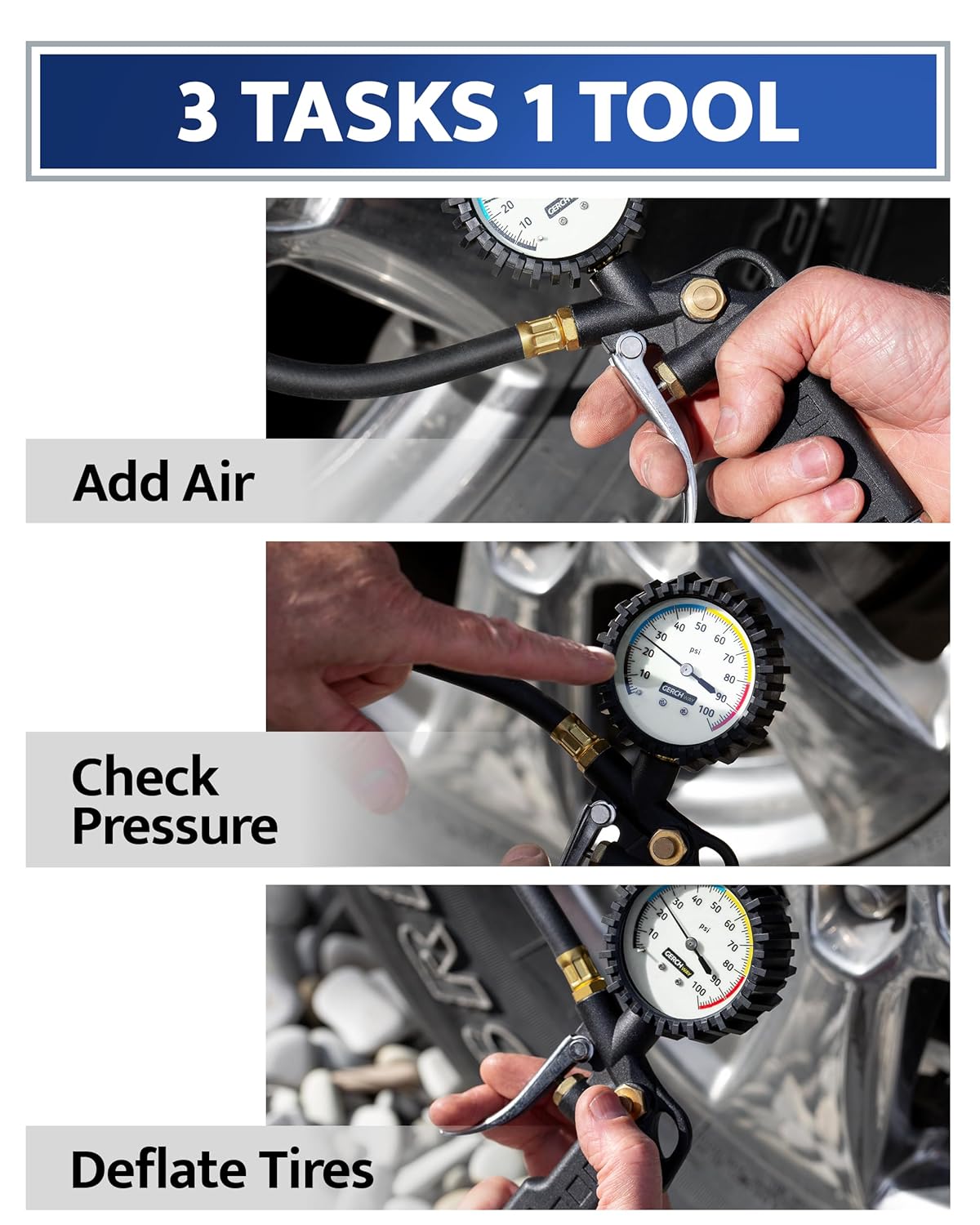 Tire Inflator with Pressure Gauge and Longer Hose - Most Accurate, Heavy Duty Air Chuck with Gauge for Air Compressor Tire Inflator Attachment - 100PSI
