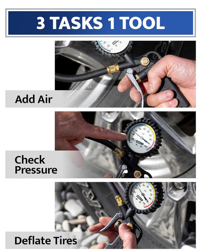 Tire Inflator with Pressure Gauge and Longer Hose - Most Accurate, Heavy Duty Air Chuck with Gauge for Air Compressor Tire Inflator Attachment - 100PSI