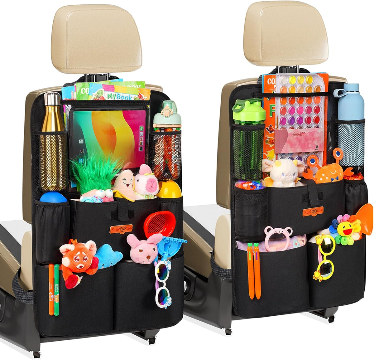 SURDOCA Upgraded Car Organizer with 11-inch Tablet Holder, 8 Pockets, Car Seat Protector for Road Trips - Car Storage and Organizers for Kids