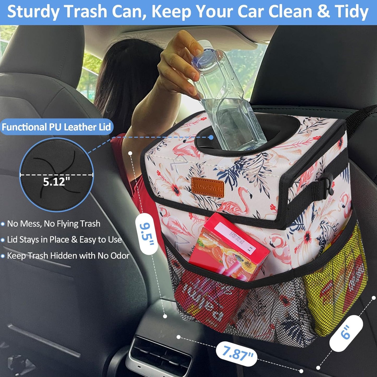 ELONGRIVER Car Trash Can Bin for Back Seat Leak Proof, Cute Car Trash Bag Hanging, Vehicle Trash Can for SUV Truck Van, Automotive Garbage Cans Front Seat Black