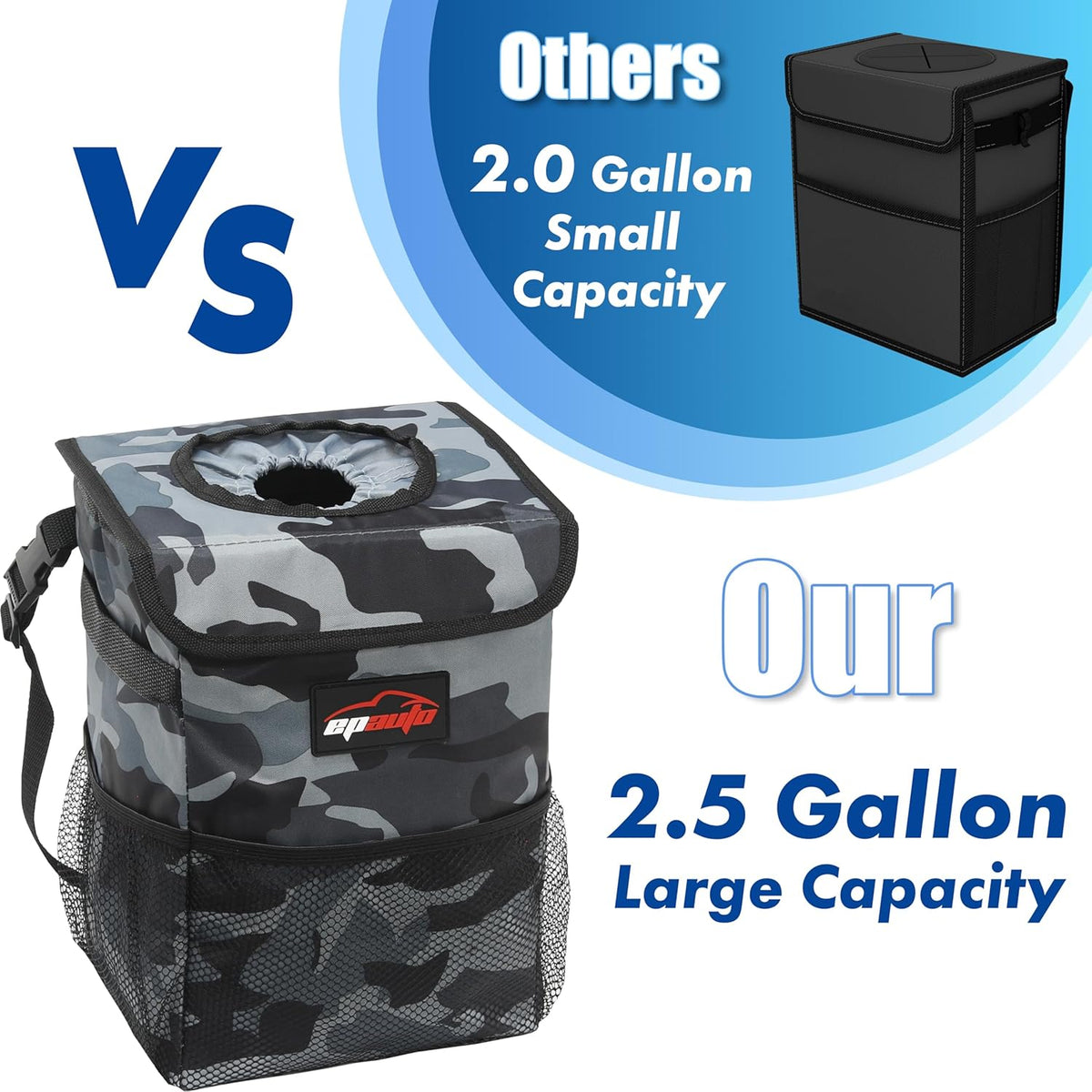 EPAuto Waterproof Car Trash Can with Lid and Storage Pockets, 2.5 Gallon, Black