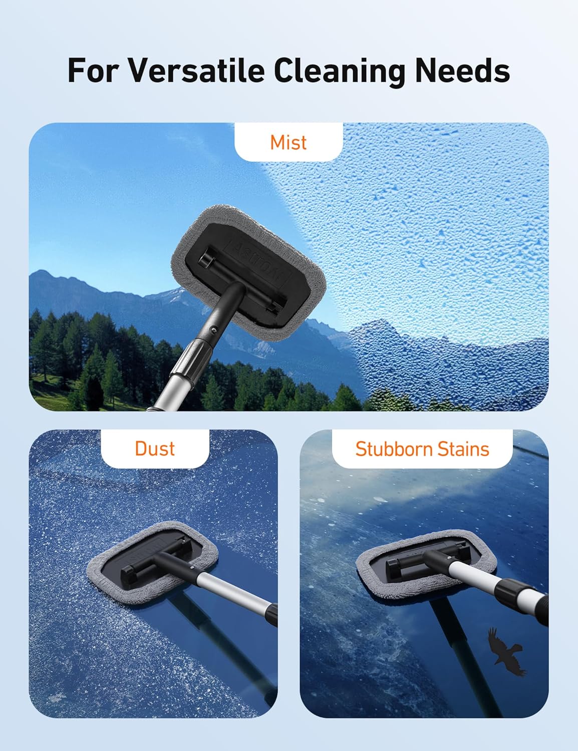 AstroAI Windshield Cleaner Tool, Microfiber Car Window Cleaner with 4 Reusable and Washable Microfiber Pads and Extendable Handle Auto Inside Glass Wiper Kit, Blue