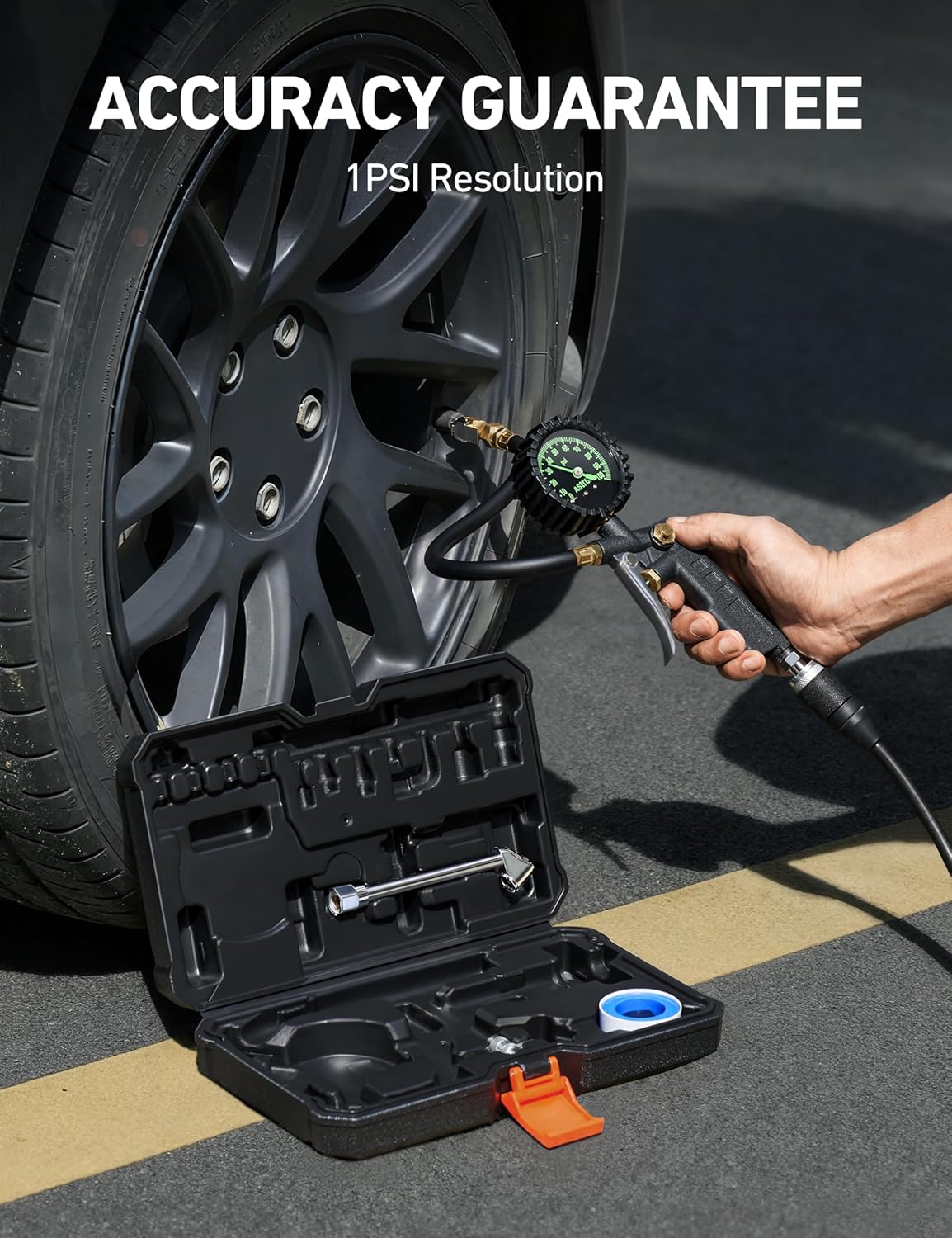 AstroAI Tire Pressure Gauge with Inflator, 100 PSI-ANSI B40.1 Accurate, Large 2.5" Easy Read Glow Dial, Heavy Duty Air Chuck and Compressor Accessories with Rubber Hose and Quick Connect Coupler