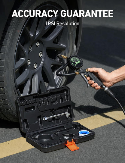 AstroAI Tire Pressure Gauge with Inflator, 100 PSI-ANSI B40.1 Accurate, Large 2.5" Easy Read Glow Dial, Heavy Duty Air Chuck and Compressor Accessories with Rubber Hose and Quick Connect Coupler