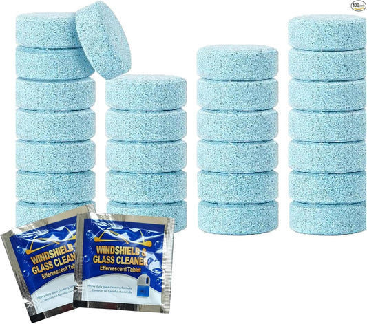 100 Pcs Windshield Washer Fluid Tablets – Solid Concentrated Glass Cleaner for Car, Kitchen, Windows – 1 Tablet Makes 1 Gallon – Effervescent Wiper Fluid, No Harsh Chemicals