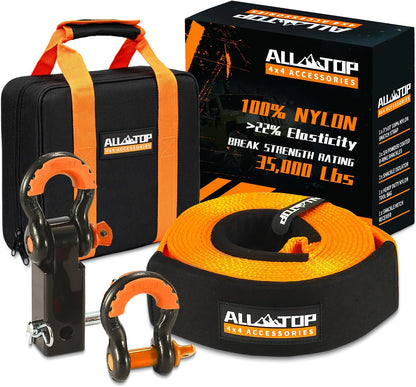 ALL-TOP Heavy Duty Tow Strap Recovery Kit: 3 inch x 20ft (35,000lbs) 100% Nylon and 22% Elongation Snatch Strap + 3/4 Heavy Duty D Ring Shackles (2pcs) + Storage Bag