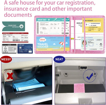 Car Registration and Insurance Card Holder - Leather Vehicle Glove Box Automobile Documents Paperwork Wallet Case Organizer for ID, Driver's License, Key, Cards - Car Accessories for Women&Men