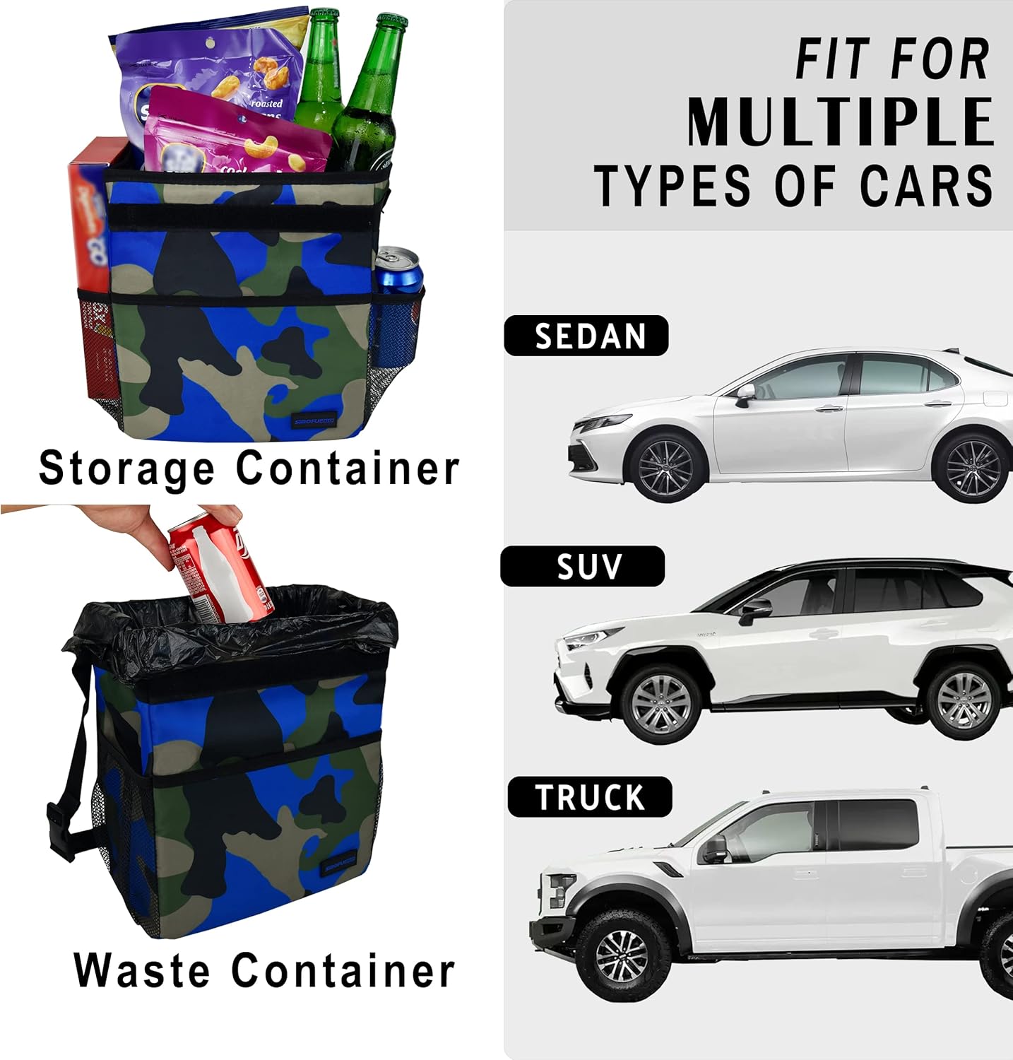 SIBOFUEGO Cute Car Trash Can with Lid – Multipurpose Collapsible Trash Bin for Car, Leak-Proof Organizer, Waterproof Garbage Can with Storage Pockets & Adjustable Straps, 2 Gallons (Black Leopard)