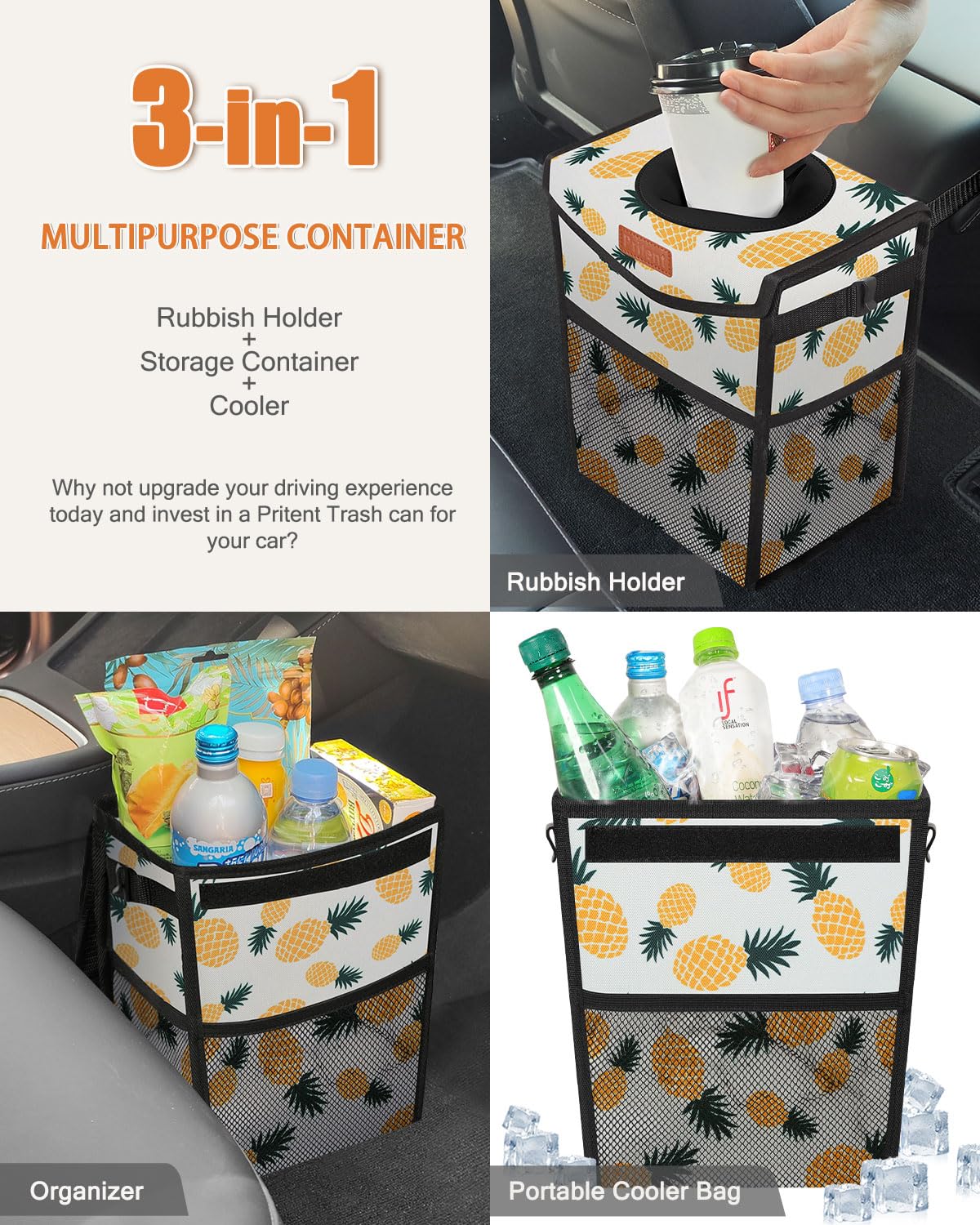 Pritent Car Trash Can with Lid, Cute Leakproof Car Trash Garbage Bag Hanging Vehicle Trash Bin Small Portable Automotive Garbage Cans Organizer for Back/Front Seat/Console(Trapezoid,Black)