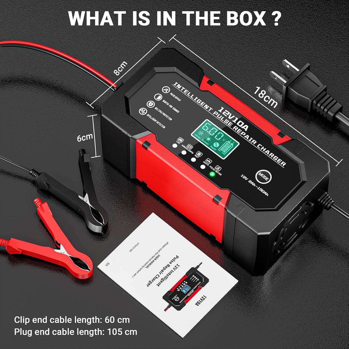 Battery Charger 15A 12V Fully Automatic Smart Trickle Car Battery Charger Maintainer with LCD Display & Temperature Compensation for Car Truck Motorcycle Lawn Mower Boat
