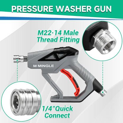 M MINGLE High Pressure Washer Gun with Foam Cannon, Foam Cannon Dual Connector Accessory, Car Wash Foam Gun Kit 1/4 Inch Quick Connector, 5 Pressure Washer Nozzle Tips