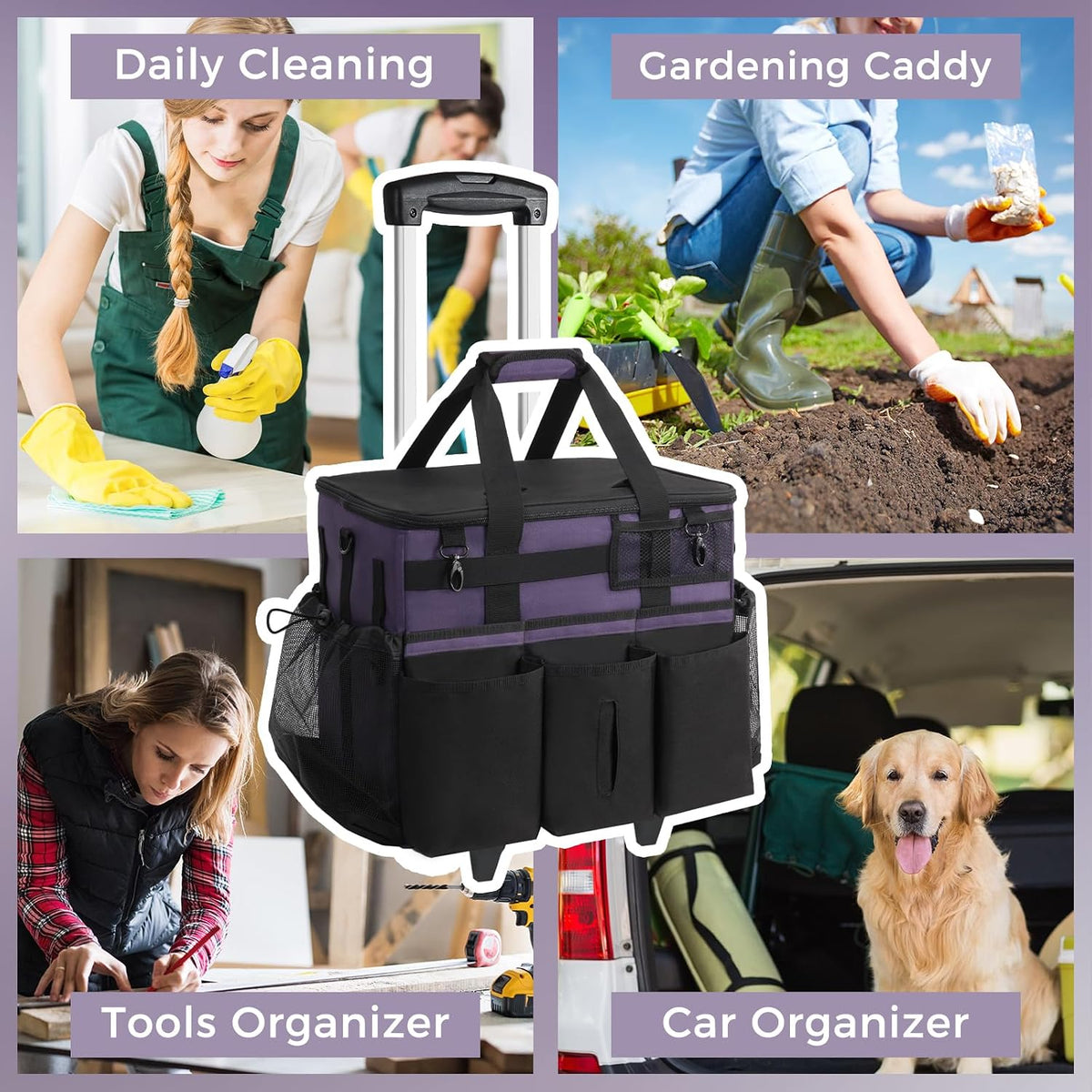 SCAVATA Rolling Cleaning Caddy Bag with Detachable Trolley, Large Cleaning Supplies Organizer with Wheels, Multi Pocket Cleaning Cart with Adjustable Shoulder Strap for Housekeepers & Home Use, Black