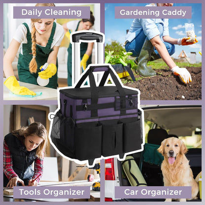 SCAVATA Rolling Cleaning Caddy Bag with Detachable Trolley, Large Cleaning Supplies Organizer with Wheels, Multi Pocket Cleaning Cart with Adjustable Shoulder Strap for Housekeepers & Home Use, Black