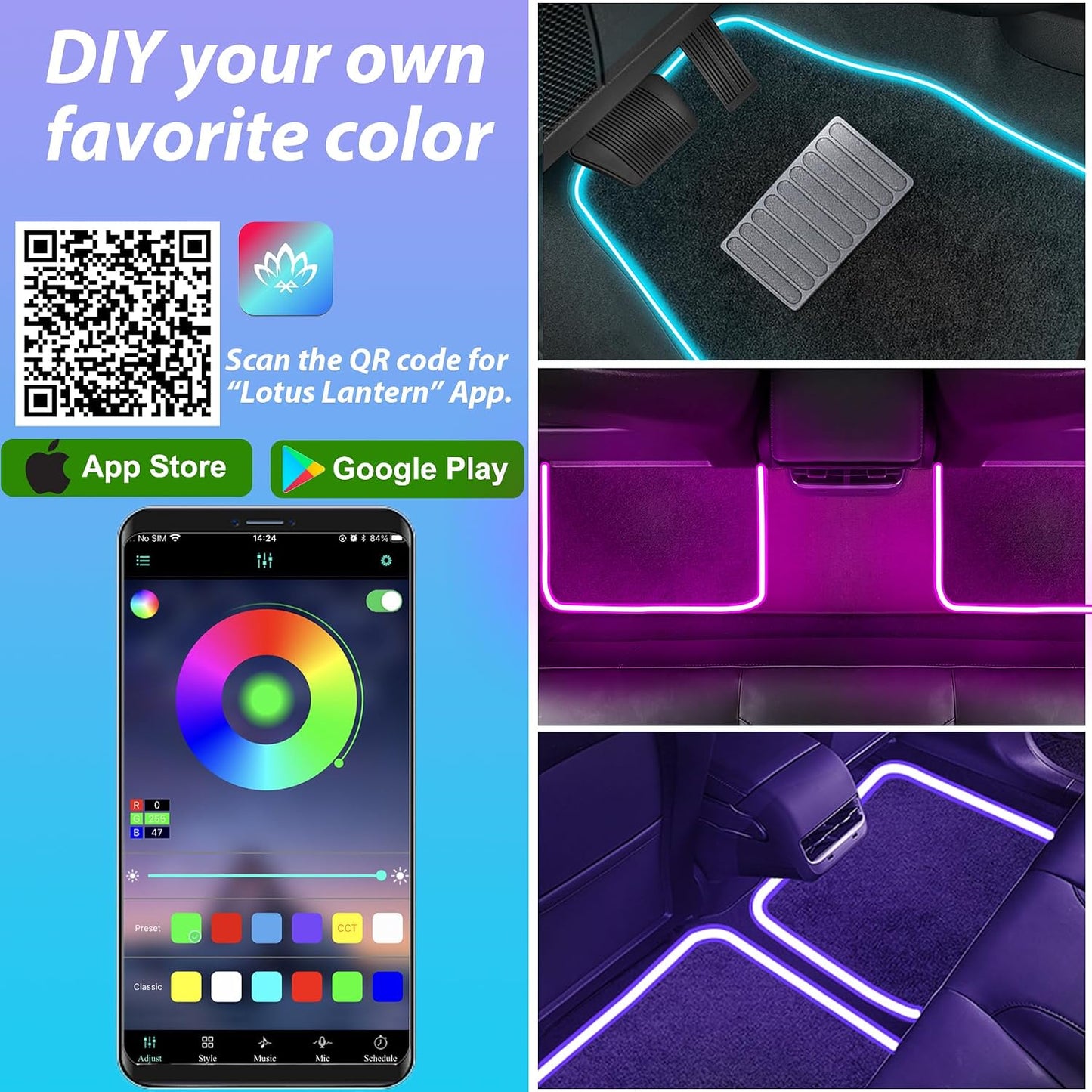 Soft Car Floor Mats With Led Strip Light, Universal Fit Black Automotive Carpet, App Control Interior Car Lights Floor Mats, Anti-Slip Waterproof RGB Car Decor Accessories For SUV, Trucks, Sedan,Jeeps