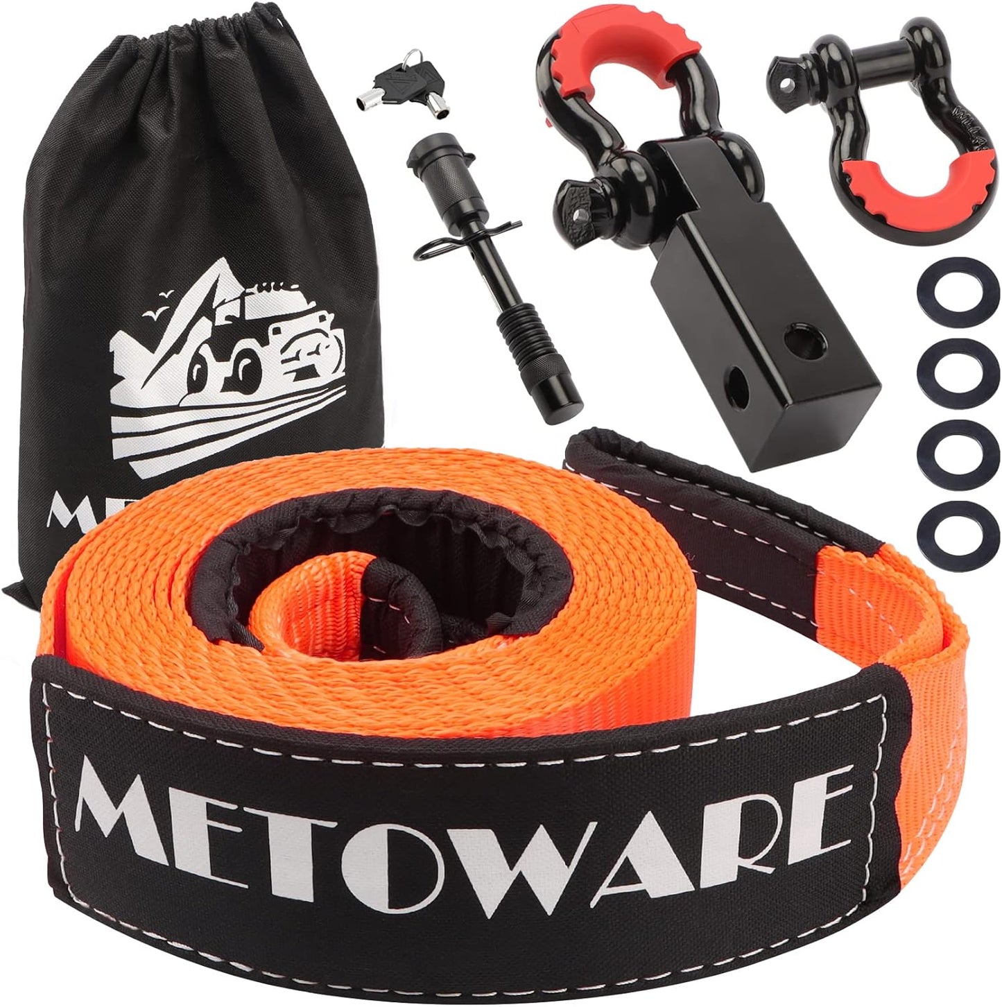 METOWARE Recovery Tow Strap Kit 3" x 20ft, Heavy Duty Recovery Strap 35,000lbs Break Strength with 3/4" D Ring Shackles(2pcs) & Storage Bag, Emergency Off Road Towing Rope for SUV, UTV, ATV, Truck