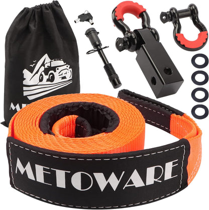METOWARE Recovery Tow Strap Kit 3" x 20ft, Heavy Duty Recovery Strap 35,000lbs Break Strength with 3/4" D Ring Shackles(2pcs) & Storage Bag, Emergency Off Road Towing Rope for SUV, UTV, ATV, Truck