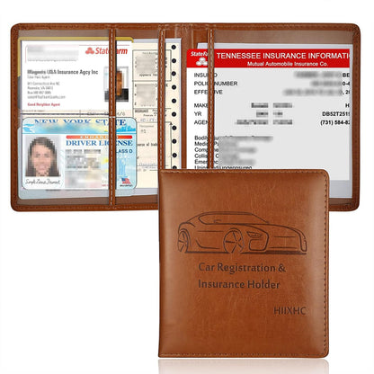 Car Registration and Insurance Card Holder - Leather Vehicle Glove Box Automobile Documents Paperwork Wallet Case Organizer for ID, Driver's License, Key, Cards - Car Accessories for Women&Men