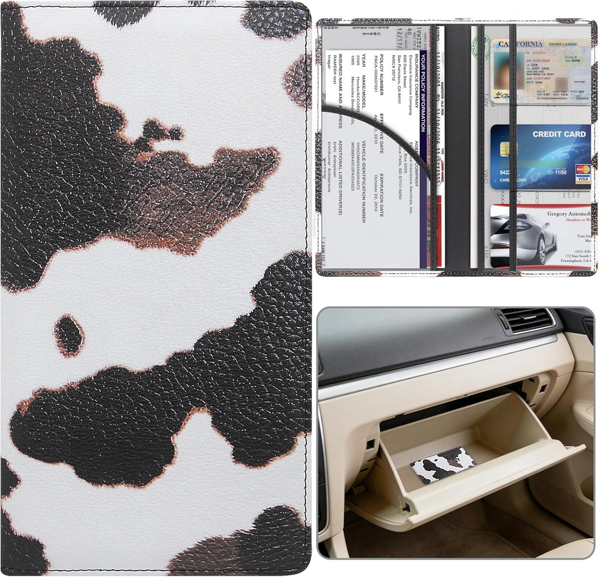 Car Registration and Insurance Holder, Premium Pu Leather Vehicle Glove Box Organizer - for Driver License, Cards & Essential Documents (L-Orange)