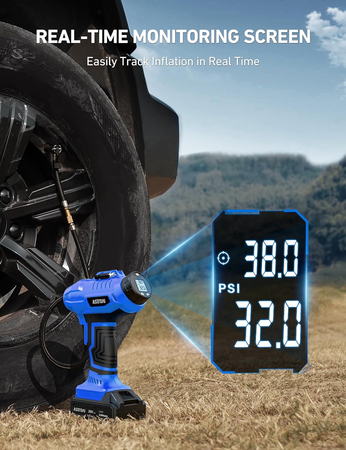 AstroAI Cordless Tire Inflator Portable Air Compressor Fast Inflation 160 PSI Air Pump 20V Rechargeable Battery Powered with 12V DC Adapter Digital Pressure Gauge for Cars Motorcycles Bikes Yellow
