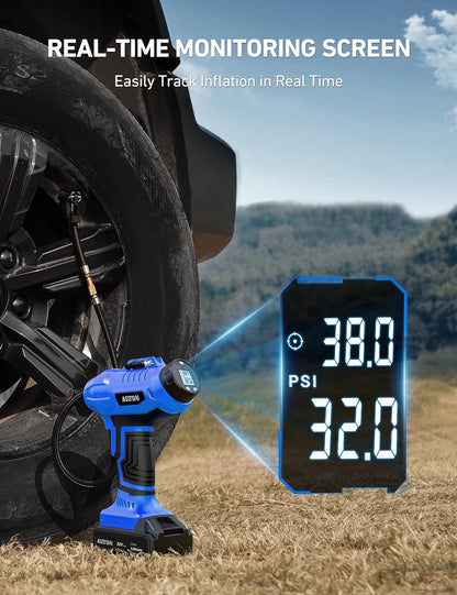 AstroAI Cordless Tire Inflator Portable Air Compressor Fast Inflation 160 PSI Air Pump 20V Rechargeable Battery Powered with 12V DC Adapter Digital Pressure Gauge for Cars Motorcycles Bikes Yellow