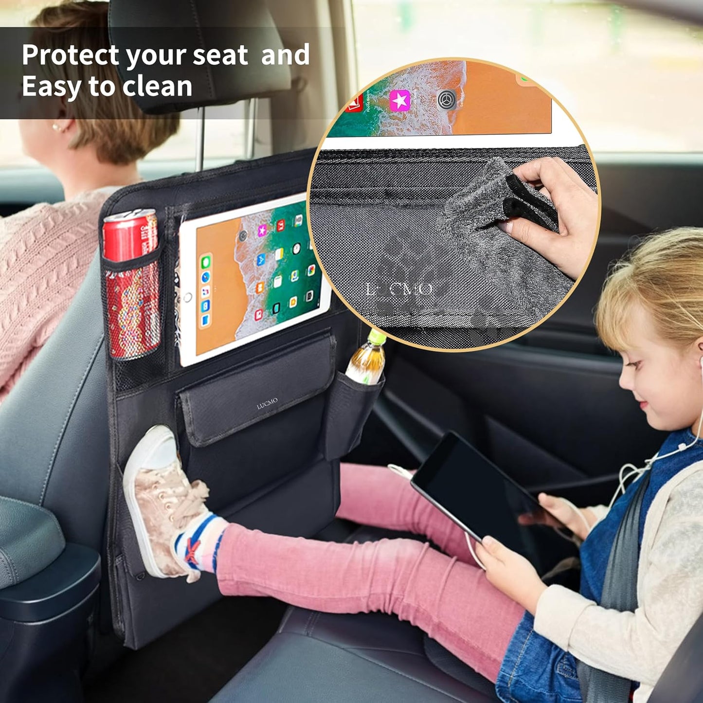 LUCMO Car Backseat Organizer with Tablet Holder,6 Storage Pockets Car Storage Organizer with Foldable Food Tray,Protectors Kick Mats Travel Accessories-Black