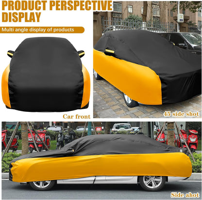 Riakrum Full Car Cover Waterproof All Weather for Automobiles Windproof Cover Rain UV Protection Sun Scratch Resistant Outdoor Universal(Fit Sedan Length (185-193'') 70'' H,Black, Orange)