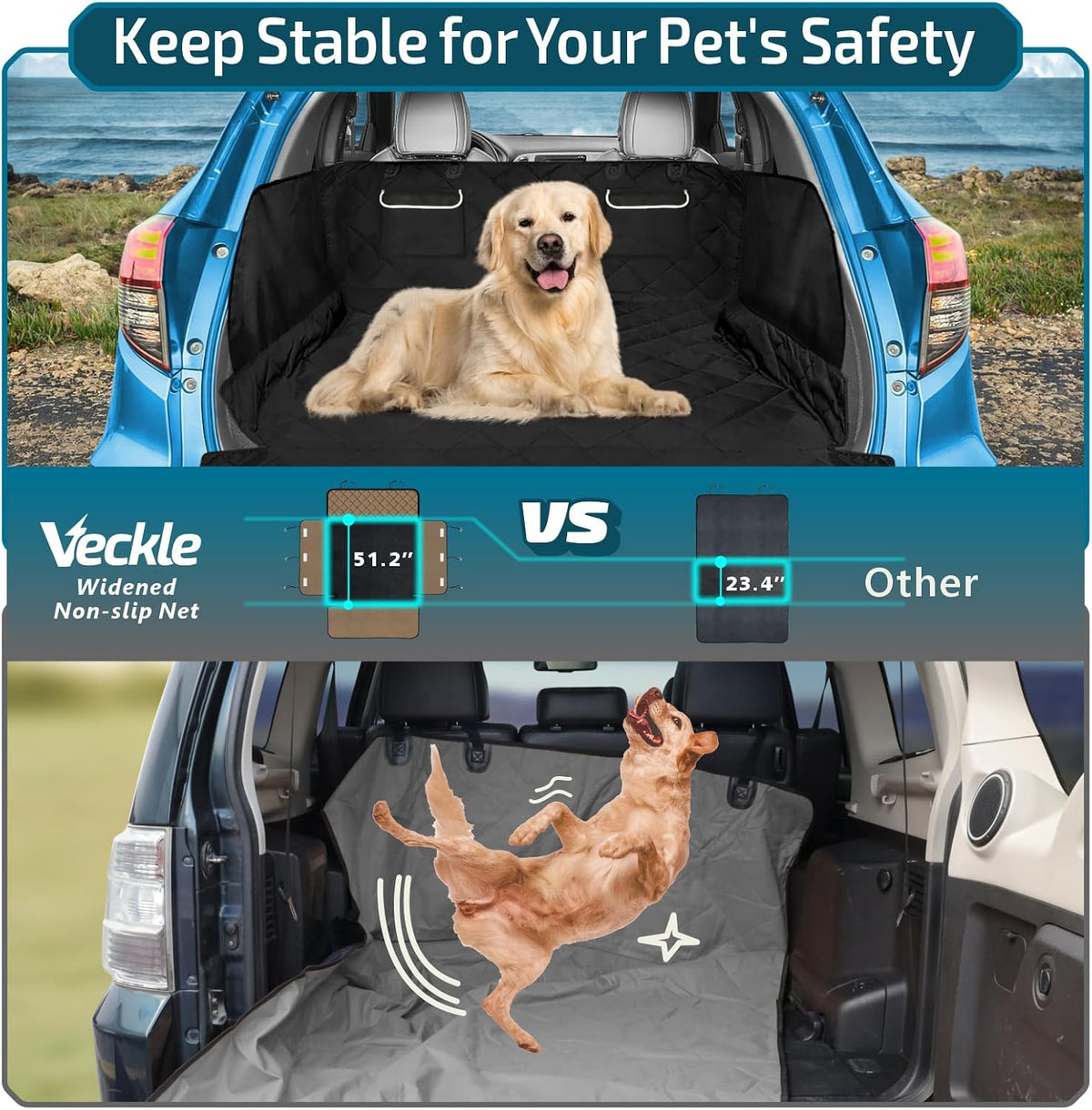 Veckle SUV Cargo Liner for Dogs with Side Flaps, Large (54" x 93") Water Resistant Trunk Cover, Non-Slip Pet Area Protector with Bumper Flap, Universal Fit for SUVs Sedans Vans, Khaki
