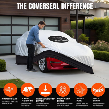 Heavy Duty Outdoor Car Cover with Patented Weighted Ground Conforming Apron Seal – Wind Resistant, Dust, & Water Protection for Automobiles - Sports Size 189 L x 75 W x 67 H inch Max